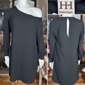 Haute Hippie Black Off The Shoulder Long Sleeve Relaxed Fit Dress, Sz M/L